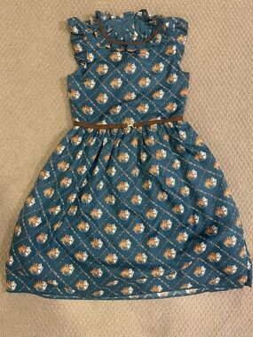 Janie and Jack Teal Horse Print Ruffle Collar Dress with Brown Belt